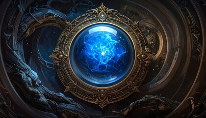 A detailed, ornate, glowing blue energy orb set in a gold and detailed frame on a textured background