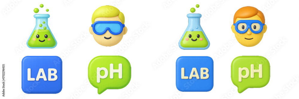 Poster cute science and chemistry icon set with cartoon characters like a scientist boy and a smiling flask