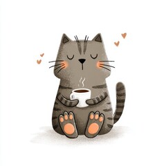 Cute cartoon tabby cat sitting and holding a cup of coffee with steam rising and hearts floating
