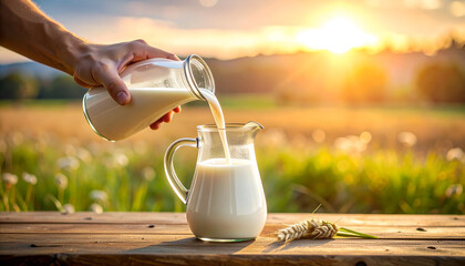 Pouring Milk into Pitcher at Sunset Farm