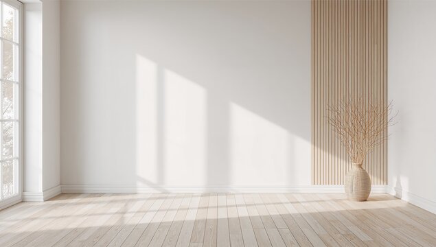 Minimalist modern living room with floor vase interior background in Scandinavian style, featuring a sleek empty wall mockup generative AI