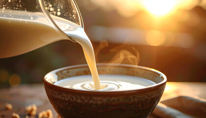 Pouring Warm Milk into Bowl at Sunset
