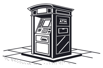 Black and white illustration of an atm machine on a sidewalk