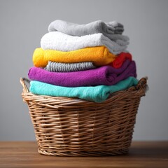 A woven basket overflowing with a colorful stack of neatly folded clean laundry towels