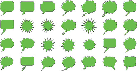 A collection of various green speech bubbles and sunburst shapes arranged in a grid pattern.