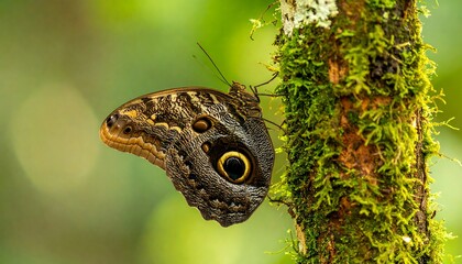 Fototapeta premium A close-up shows a striking butterfly perched on a moss-covered tree branch, blending into the blurred green backdrop