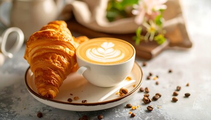 A detailed shot of a croissant and latte with coffee beans and delicate floral accents on a plate. Soft focus with natural light