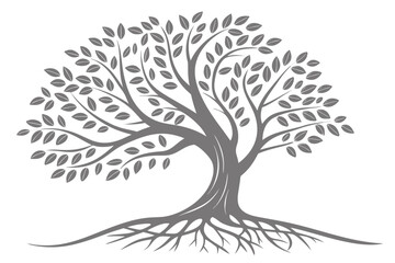 Obraz premium Stylized gray tree with visible roots and leaves on a white background
