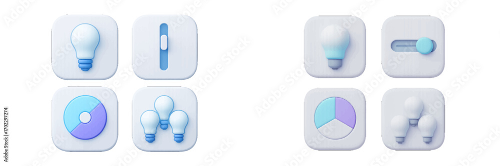 Poster modern 3d user interface icon set with lightbulbs for ideas, sliders for adjustments, and pie charts