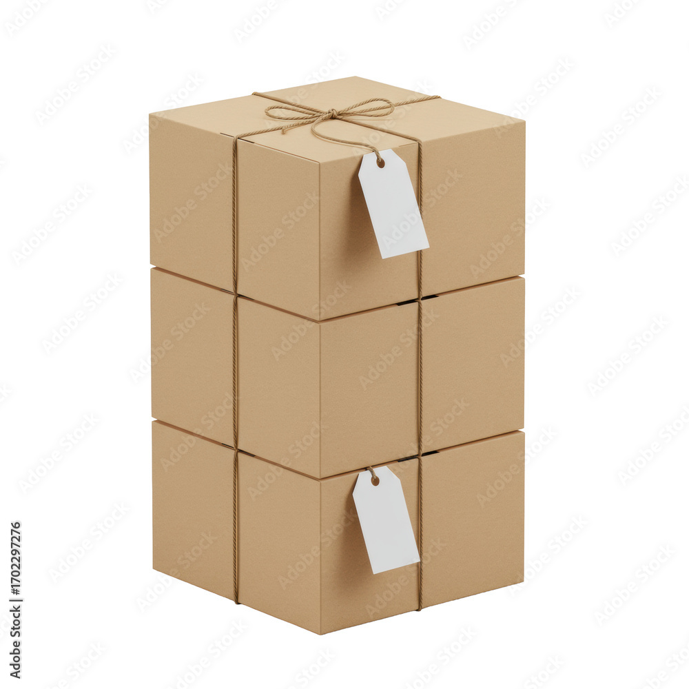 Poster Three identical matte light brown cubic cardboard shipping boxes, stacked vertically with white tags & twine bows, isolated on transparent background with shadowless studio lighting, concept of