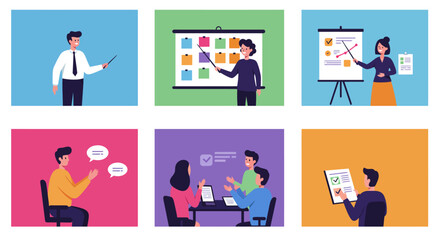 Six illustrations of people engaged in various business activities, including presentations, brainstorming, and discussions.