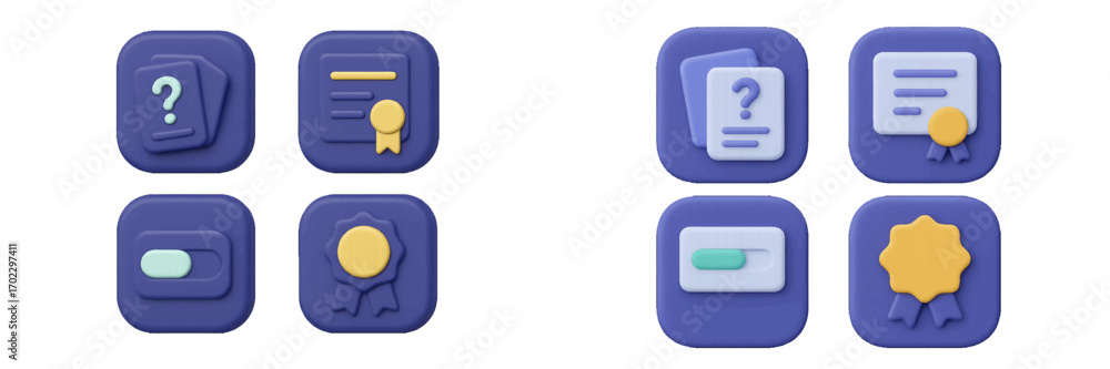 Poster 3d icon set with certificate, award, toggle switch, and help document symbols for user interface des