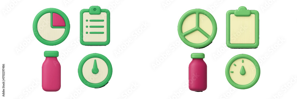 Poster 3d icon set for business and productivity featuring a pie chart, clipboard checklist, timer clock, a
