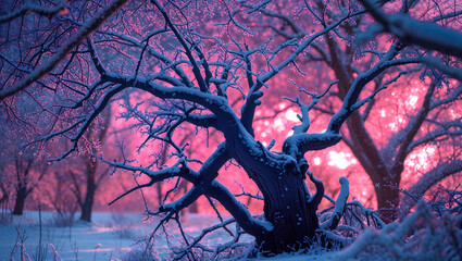 Leafless snowed gnarled branches and limbs of a centuries-old tree set against the soft pink violet backlit of the morning light generative AI