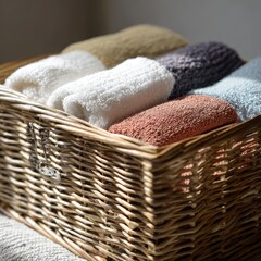 Soft rolled towels in a wicker basket with natural light and cozy texture