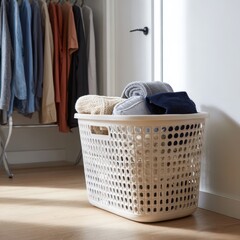 Laundry basket filled with clean folded clothes in a closet with hanging garments