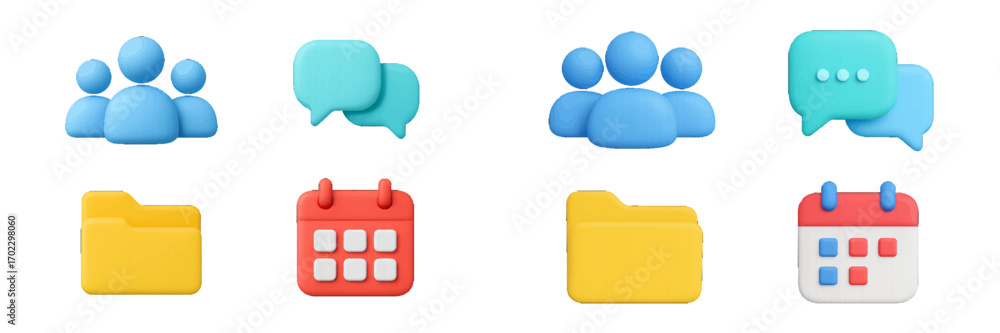 Poster 3d icon set for business communication and project management with user group, chat bubble, folder, 