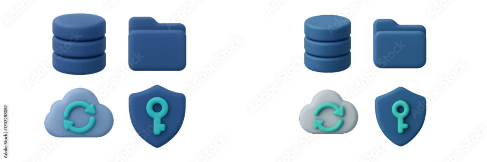 Fototapete icon set for data security and cloud computing with database, folder, sync, and shield symbols isola
