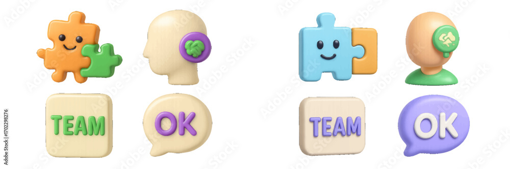 Poster set of 3d icons for business collaboration and teamwork including puzzle pieces, human head with bra
