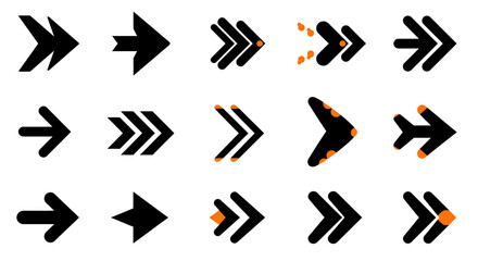 A collection of various black and orange arrow icons and symbols, indicating direction and movement for user interfaces.