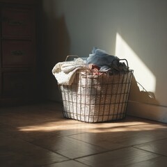Warm sunlight illuminates a rustic wire laundry basket filled with clean clothes on a wooden floor