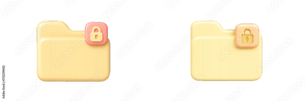 Poster locked folder icon set with a glossy 3d style representing data security, confidential file storage,