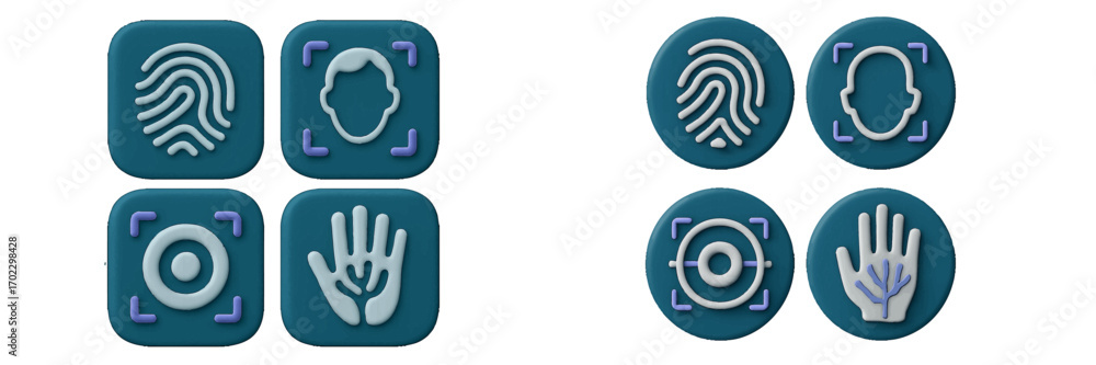 Poster biometric identification icon set with fingerprint, face recognition, iris scan, and palm vein scann