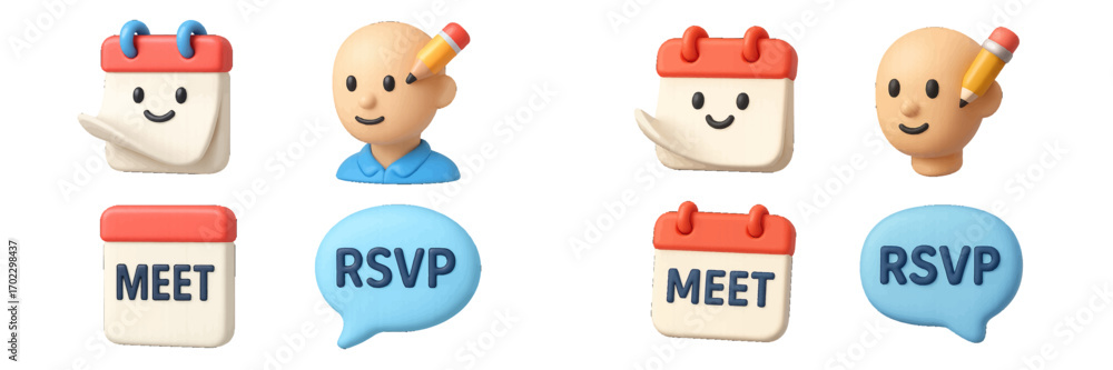 Poster 3d icon set for meeting and scheduling with calendar, rsvp speech bubble, and user avatar for ui and