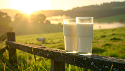 Two Glasses of Milk on a Fence at Sunrise