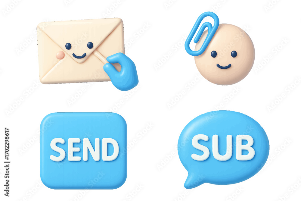 Poster set of 3d icons for user interface design featuring email message, send button, subscribe bubble, an