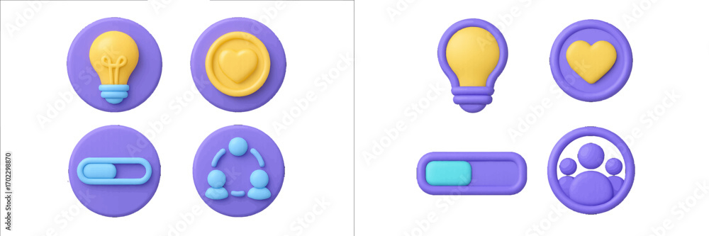 Poster modern app icons featuring lightbulb, heart, toggle switch, and sharing symbols for user interface d
