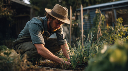 A man with a hat is crouching down and tending to plants in a garden on a sunny day outdoors