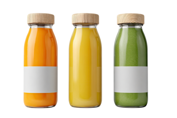 Three glass bottles with wooden caps, containing orange, yellow, and green juices, each with a blank label