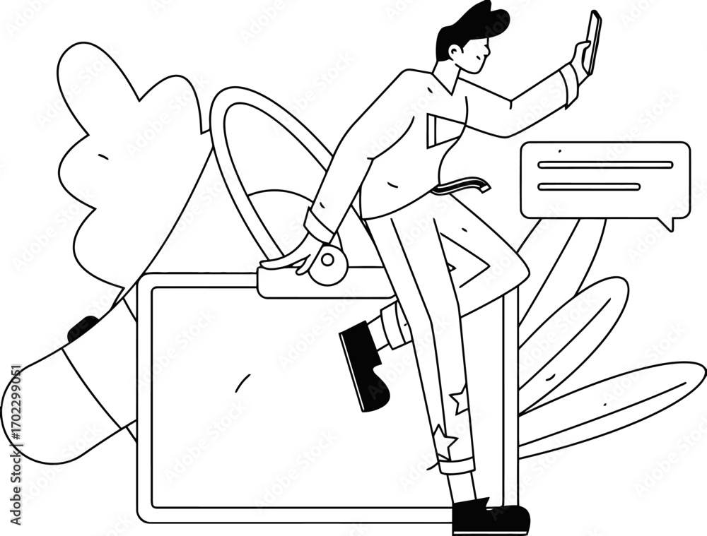 Poster dynamic businessman confidently managing mobile communication on the go, embracing modern workflow a