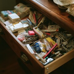 A cluttered and messy desk drawer overflowing with various office supplies and stationery items