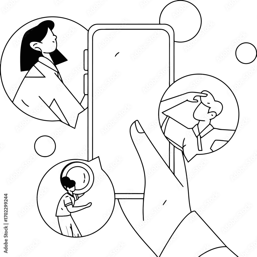 Poster diverse professionals collaborate on mobile technology, seeking solutions and insights via digital c