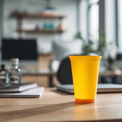 Bright yellow plastic cup sits on a wooden desk in a home office setting with blurred background