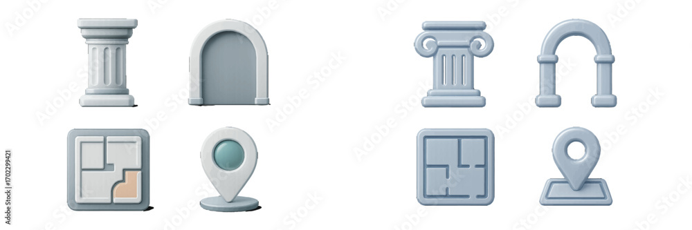 Poster modern 3d style architectural elements and navigation icons including columns arches map pins and fl