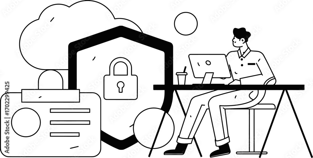 Poster professional individual working diligently at a desk with digital security and identification elemen