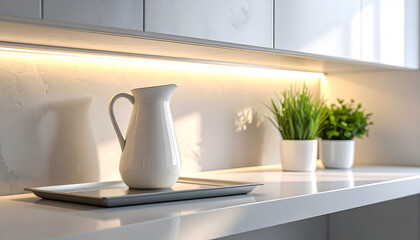 White Pitcher and Greenery on Modern Kitchen Shelf