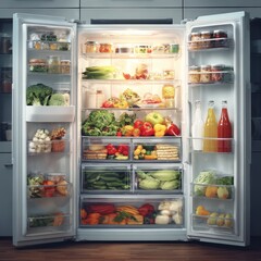 Brightly lit open refrigerator filled with fresh colorful fruits vegetables and drinks ready for healthy eating