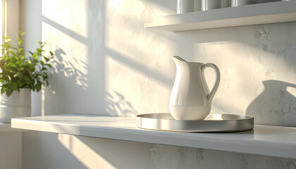 White Pitcher on Silver Tray in Sunlit Kitchen