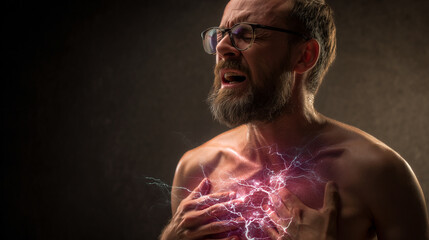 Man with glasses and beard experiencing chest pain with lightning effect emanating from his chest area