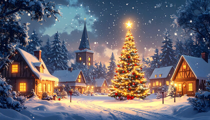 Fototapeta premium Festive winter village scene with christmas tree and illuminated houses under snowfall in blue cloudy sky generative AI
