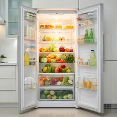 Brightly lit open refrigerator filled with fresh fruits vegetables and drinks in a modern kitchen