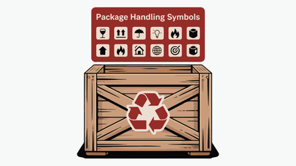 Wooden crate with package handling symbols and recycling logo shipping logistics