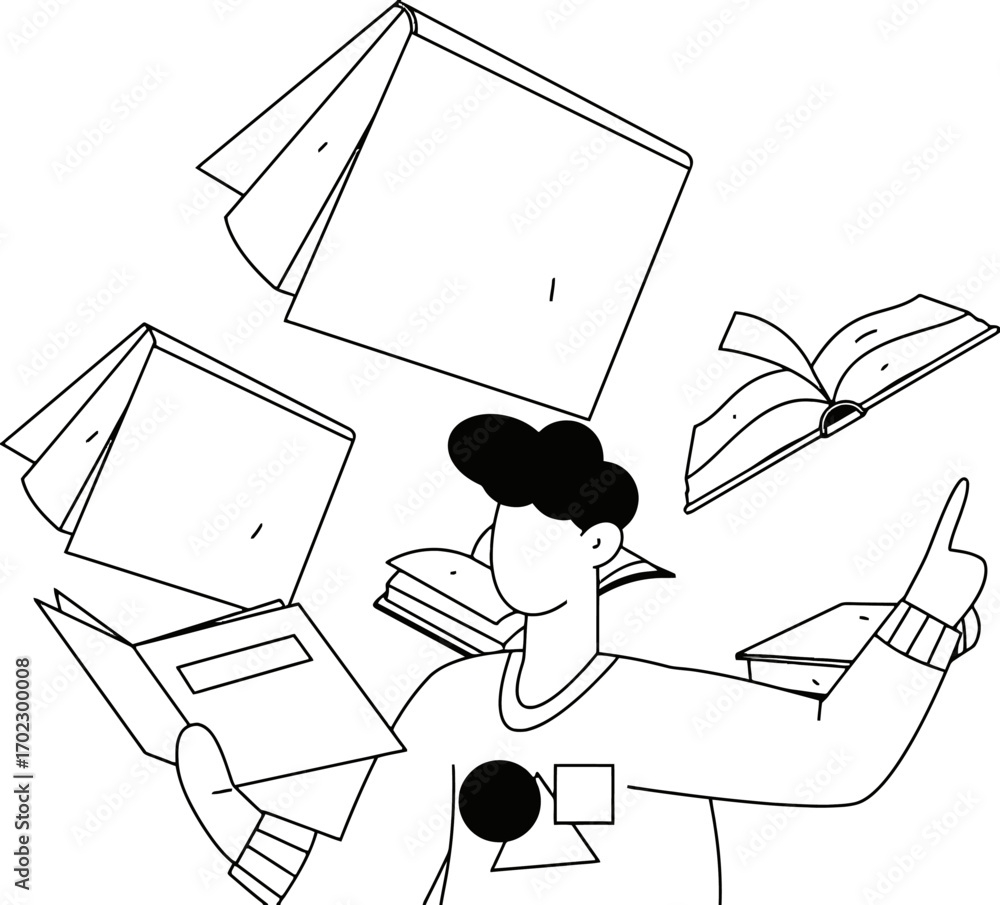 Poster dynamic student juggling knowledge and ideas with floating books, symbolizing learning, creativity, 