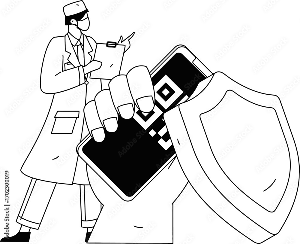 Poster professional doctor with mask and clipboard securely holds smartphone displaying qr code protected b