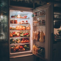 Fully stocked refrigerator glowing with fresh produce and drinks illuminated at night