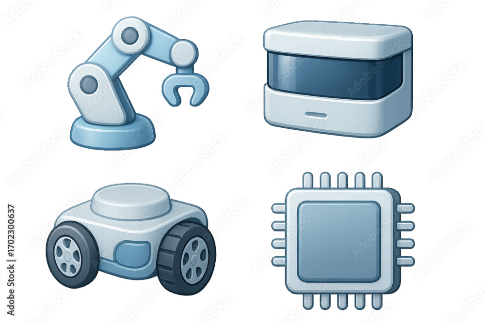 Poster robotics and artificial intelligence technology featuring robotic arm sensor microchip and autonomou